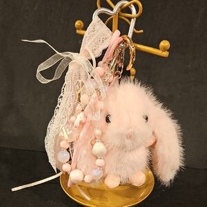 Pink Bunny Keychain with Lace and Beads
